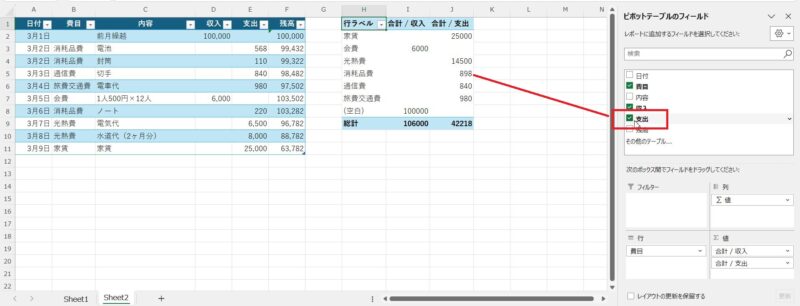 「支出」にチェックを入れると現金出納帳の支出の部を費目ごとに集計